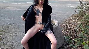 Whore Pisses And Masturbates With Dildo On Public Street!