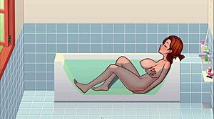 in hentai game, instructor gives blowjob while fairy shows huge ass in bathroom