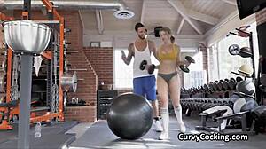 Perky beauty sucks and licks hard cock at the gym, then rides it deeply