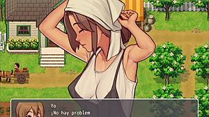 in hentai game, instructor gives blowjob while fairy shows huge ass in bathroom