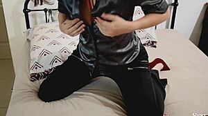 french amateur in green leather pants gets doggy style pov with ass licking, blowjob, and spanking