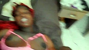 Jhodez1 fucks his submissive ebony stepsister's shaved pussy, cumming on her hole.