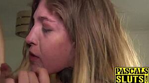 petite british sub SWALLOWING CUM after ROUGH DOM treatment