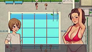 in hentai game, instructor gives blowjob while fairy shows huge ass in bathroom