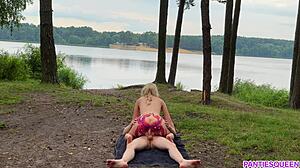 Naked Blonde Rides Hard In Public Cumshot!