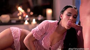 Beautiful brunette by the fireside blowjob and cumshot