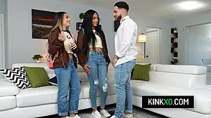 Stepbro influences stepsisters Violet Gems and Bianca Bangs in taboo threesome blowjob.