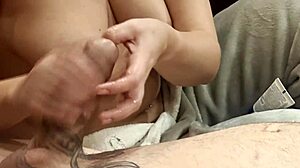 Girlfriend inserts finger in urethra for close-up jerk off