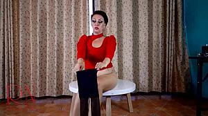 Look at that milf stripping in pantyhose and heels at the table!