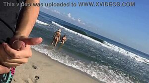 Jerking off at public beach with sexy brunettes helping