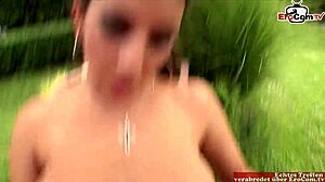 Thin brunette teen enjoys outdoor pov sex