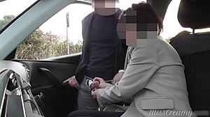 Wife Dogging in Public Car Park with Handjob for Voyeur