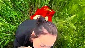 deep throating pov blowjob in field