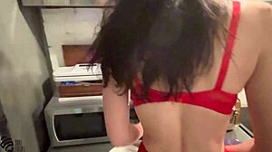 Brunette milf cooks salad and adds her wild squirt.