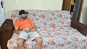 Wife flaunts body to husband’s friend and bangs right beside him.