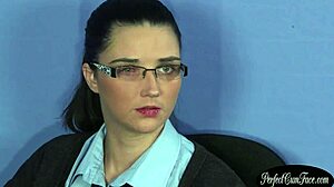 British european office chick in glasses gets jizzed in eye during group blowjob