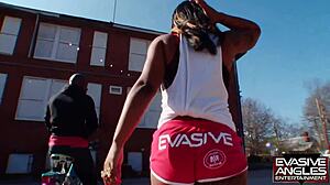 I see evasive angles as she attracts a tattooed thug who takes her home to suck his dick before plunging in and busting on her chest