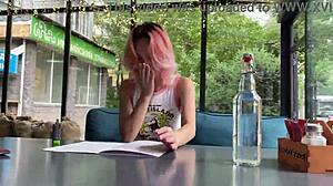 skinny girl walks city with vibrator inside