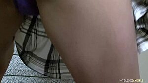 Brunette spreads shaved pussy for BBC blowjob and facial cum