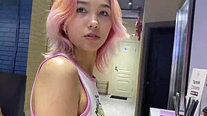 skinny girl walks city with vibrator inside