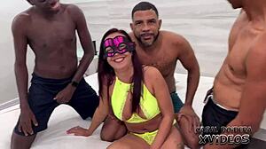 Married milf with small waist and tan lines rides three guys in rough interracial cowgirl, cuckold husband watches orgasm