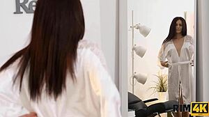 seductive brunette in the kitchen uses her tongue for rimjob on her man