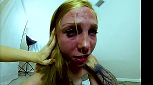 Blonde Itscleo rides double with hairy pussy bent over. Sucking leads to rough cumshot action.