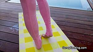 Wow! Deep Drilling Poolside by Personal Trainer in Spandex Outfit!