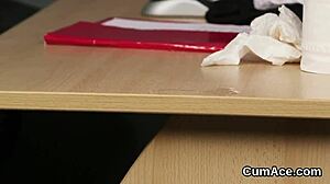 Watch this frisky hottie get cum shot on her face and gulp all the ejaculate?