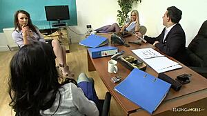 Naughty blonde girls masturbate before a turned-on couple