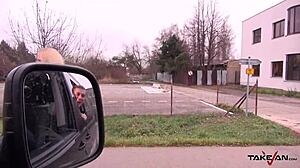 Nasty secretary tells handsome dude to fuck her tight pussy in the van now