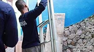 During lunch break, three guys indulge in bareback fucking with big cocks