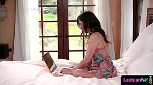 bigtits babe lures nerdy lesbian into steamy action 😍