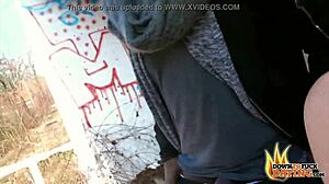 Nerdy slut Lullu Gun in interracial outdoor threesome.