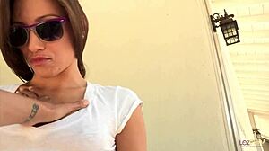 brunette lesbians ditch car washing for tribbing and muff diving on bed