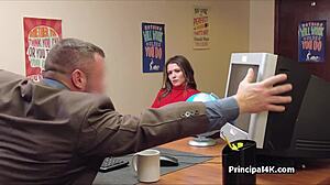 Milf in lingerie seduces head teacher with blowjob at his office