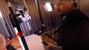 Behind scenes, blonde slut gets assfucked and gives interracial blowjob