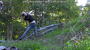 Tearing girlfriend's pantyhose to drill her outdoors