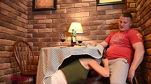 Crazy hot girl sucks cock under table in public cafe