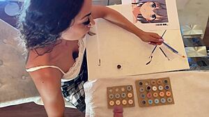 brunette milf gives handjob and cumshot on tits in cfnm amateur scene