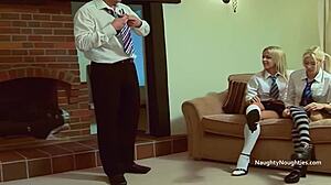 Four babes in school uniform get attention in turn