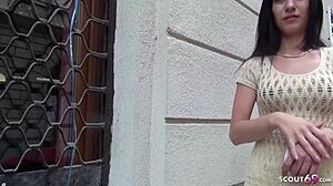 So this German scout just picks up an 18+ teen on the street. Next thing, she's getting deepthroat action outdoors for cash!