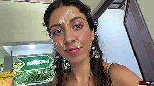 crazy walk on public waterfall