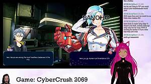 lewdneko the vtuber plays cybercrush 2069, flashing big tits in hentai game