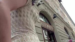 So this German scout just picks up an 18+ teen on the street. Next thing, she's getting deepthroat action outdoors for cash!