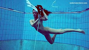 Horny teen gets naked fast by the pool, showing her tight pussy