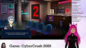 lewdneko the vtuber plays cybercrush 2069, flashing big tits in hentai game
