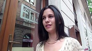 So this German scout just picks up an 18+ teen on the street. Next thing, she's getting deepthroat action outdoors for cash!