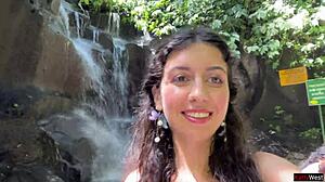 crazy walk on public waterfall