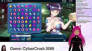 lewdneko the vtuber plays cybercrush 2069, flashing big tits in hentai game